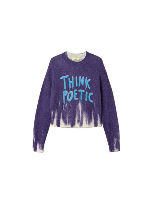 Maglia da donna in misto lana, girocollo, stampa digitale effetto spray THINK POETIC celeste sullo sfondo viola. TWINSET | 252AQ306113035